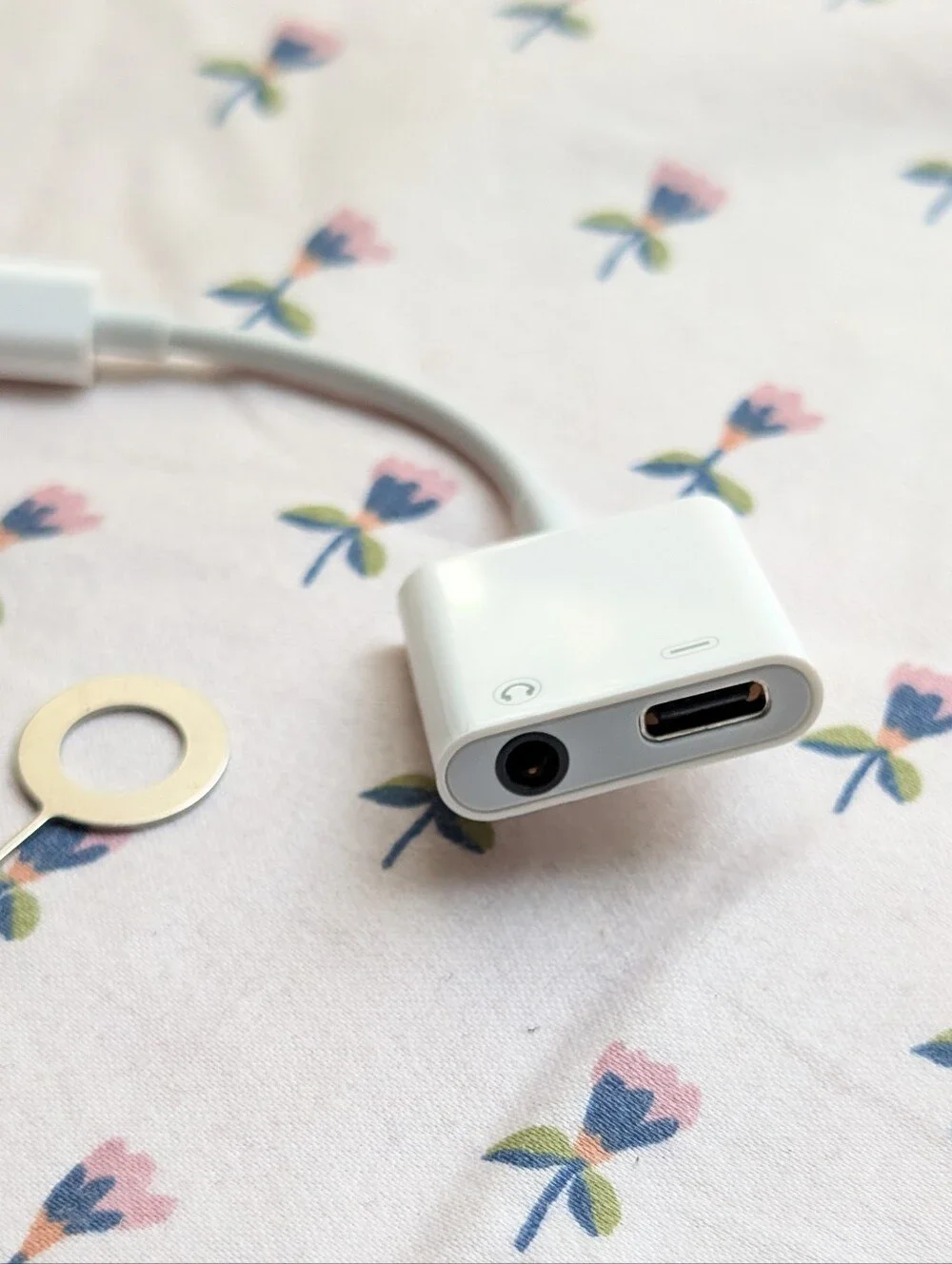 white USB-C 2-in-1 audio jack charging adapter & 2 metal SIM card ejector tools